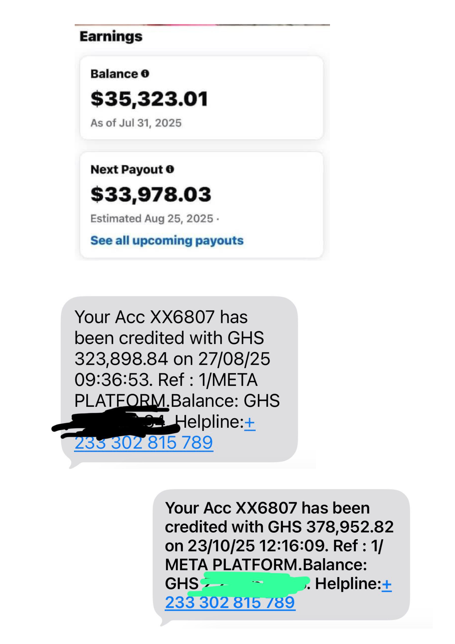 Facebook earnings dashboard showing $35,323 balance and $33,978 next payout